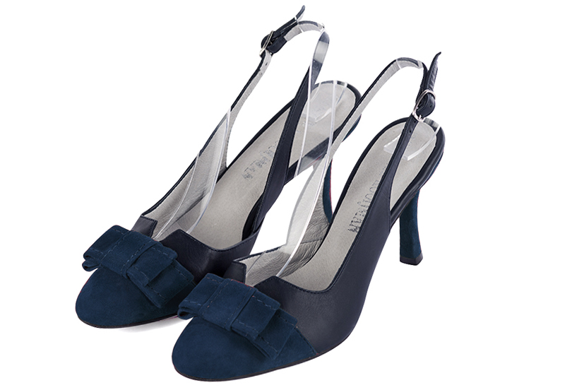 Navy blue women's open back shoes, with a knot. Round toe. High slim heel. Front view - Florence KOOIJMAN
